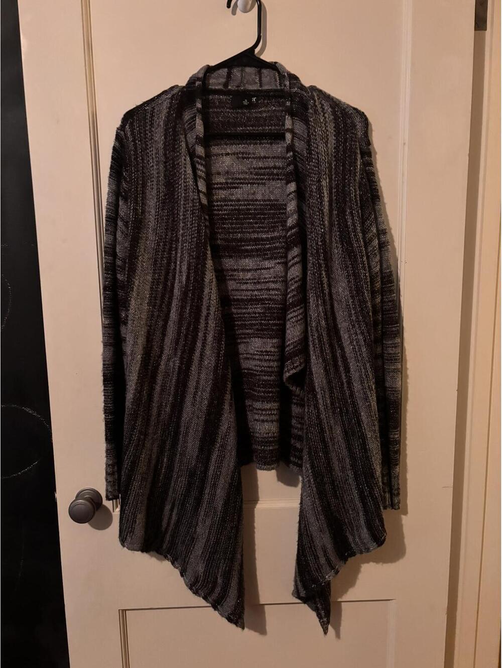 Ana Open Front Knit Cardigan Sweater Size XL Black Gray Striped Drape Jacket